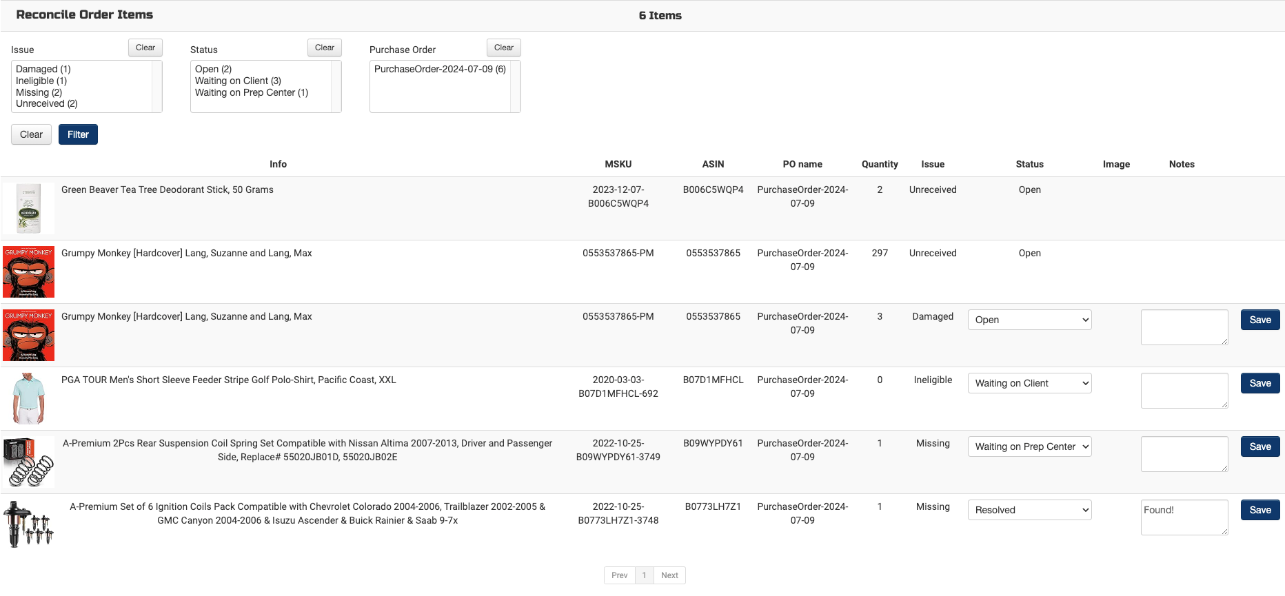 Reconsile Order Items view alt text